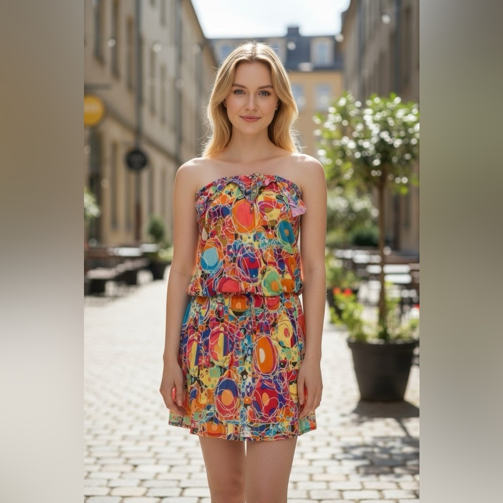 CHANEL Multicolor Abstract Print Strapless Summer Dress